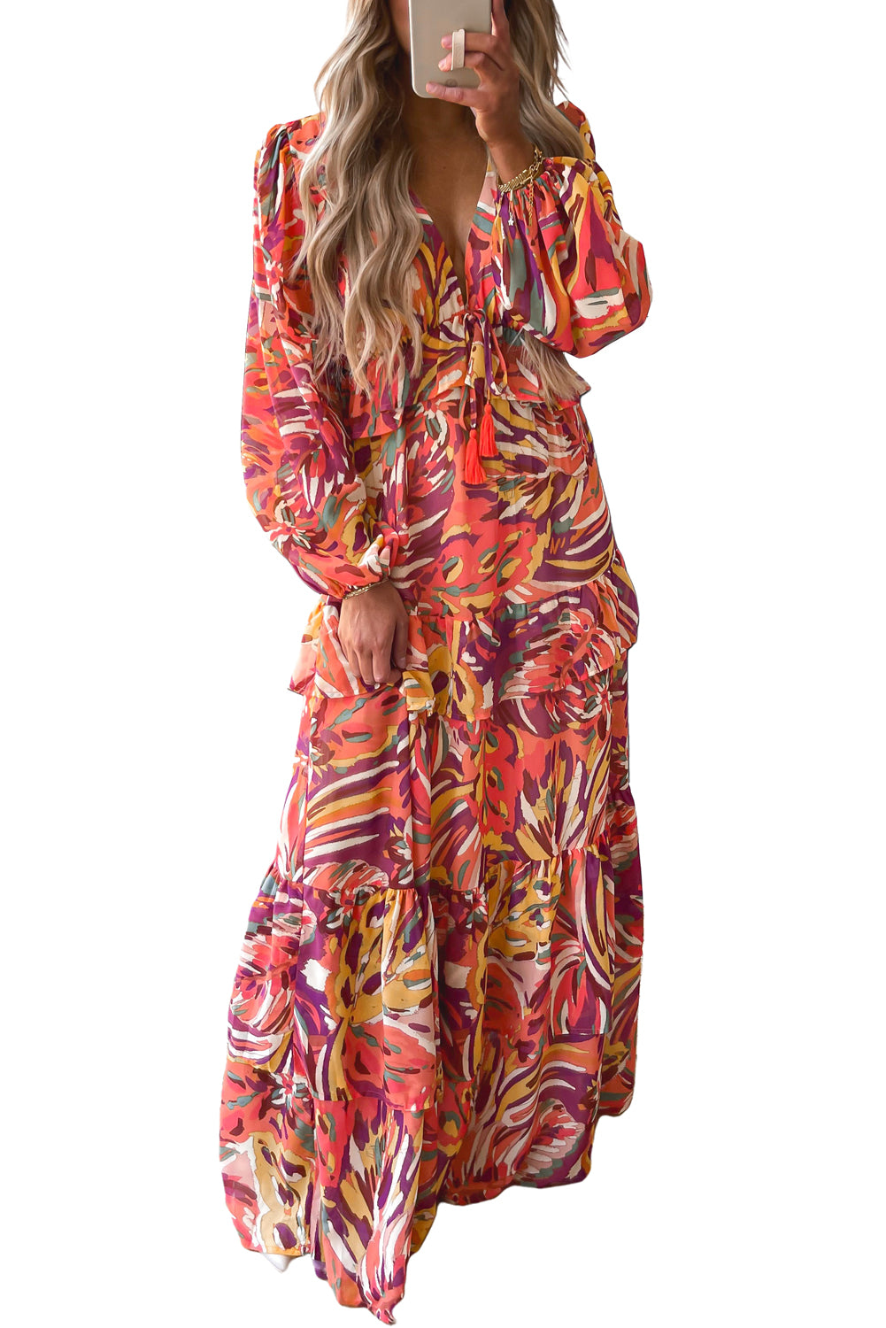 Meerkleurige Maxi Jurk Met Pofmouwen
