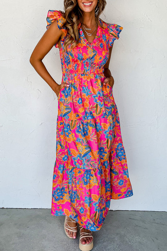 Lange, Roze Jurk met Ruchelagen