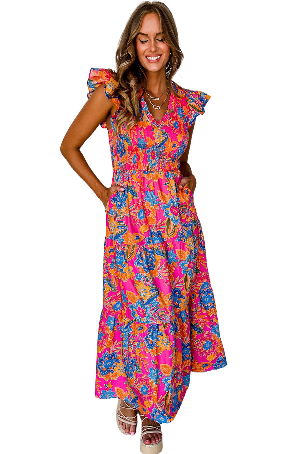Lange, Roze Jurk met Ruchelagen