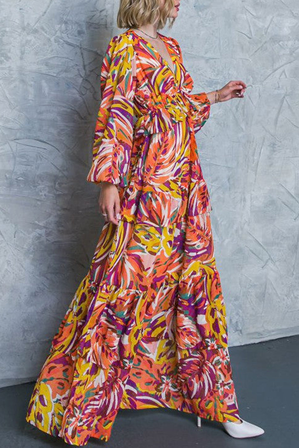 Meerkleurige Maxi Jurk Met Pofmouwen
