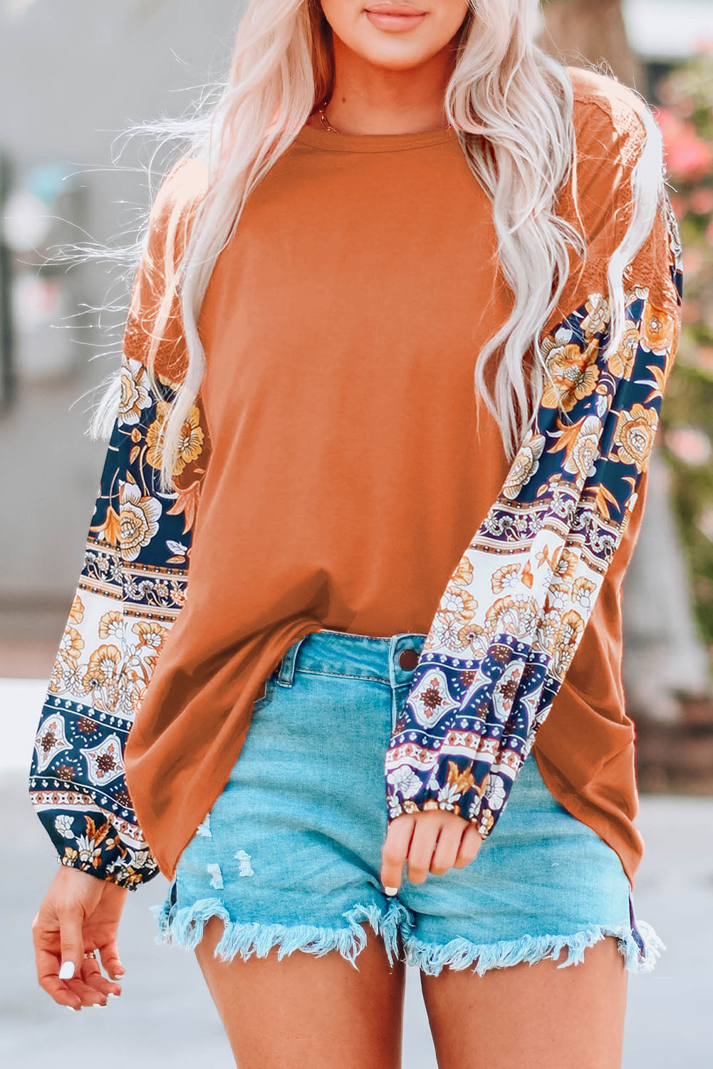 Terracotta top met print en kant