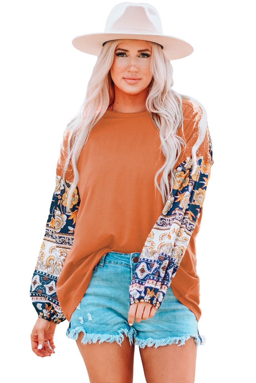Terracotta top met print en kant