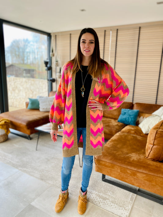 Lange Pull met Fuchsia/Oranje Zigzag Patroon