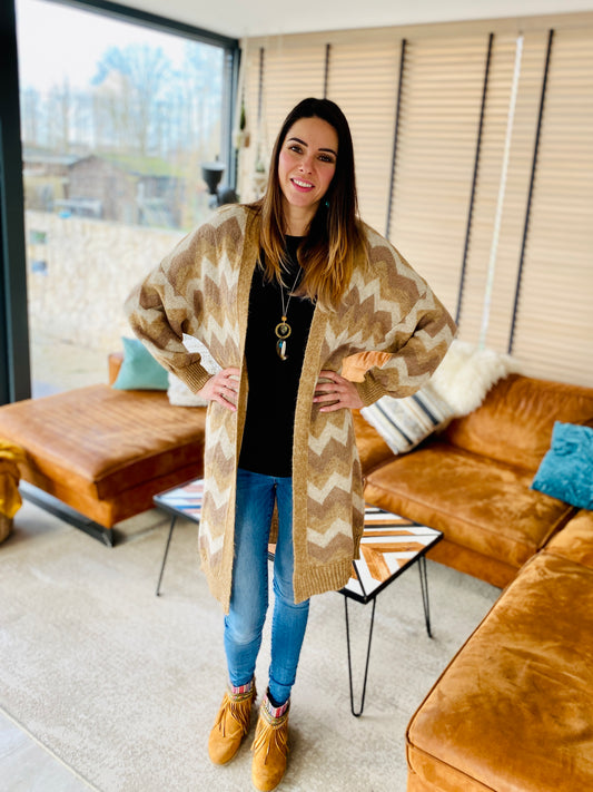 Lange Pull met Beige/Bruin Zigzag Patroon