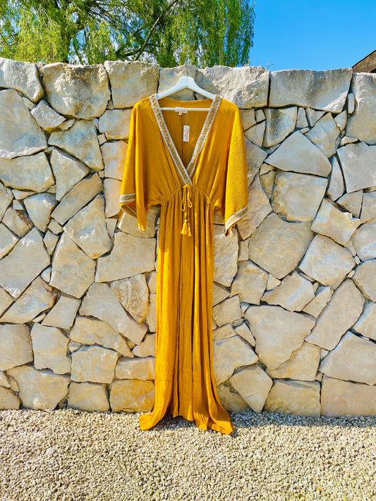 Straight from Ibiza - Stijlvolle Lange Jurk in Okergeel - S/M