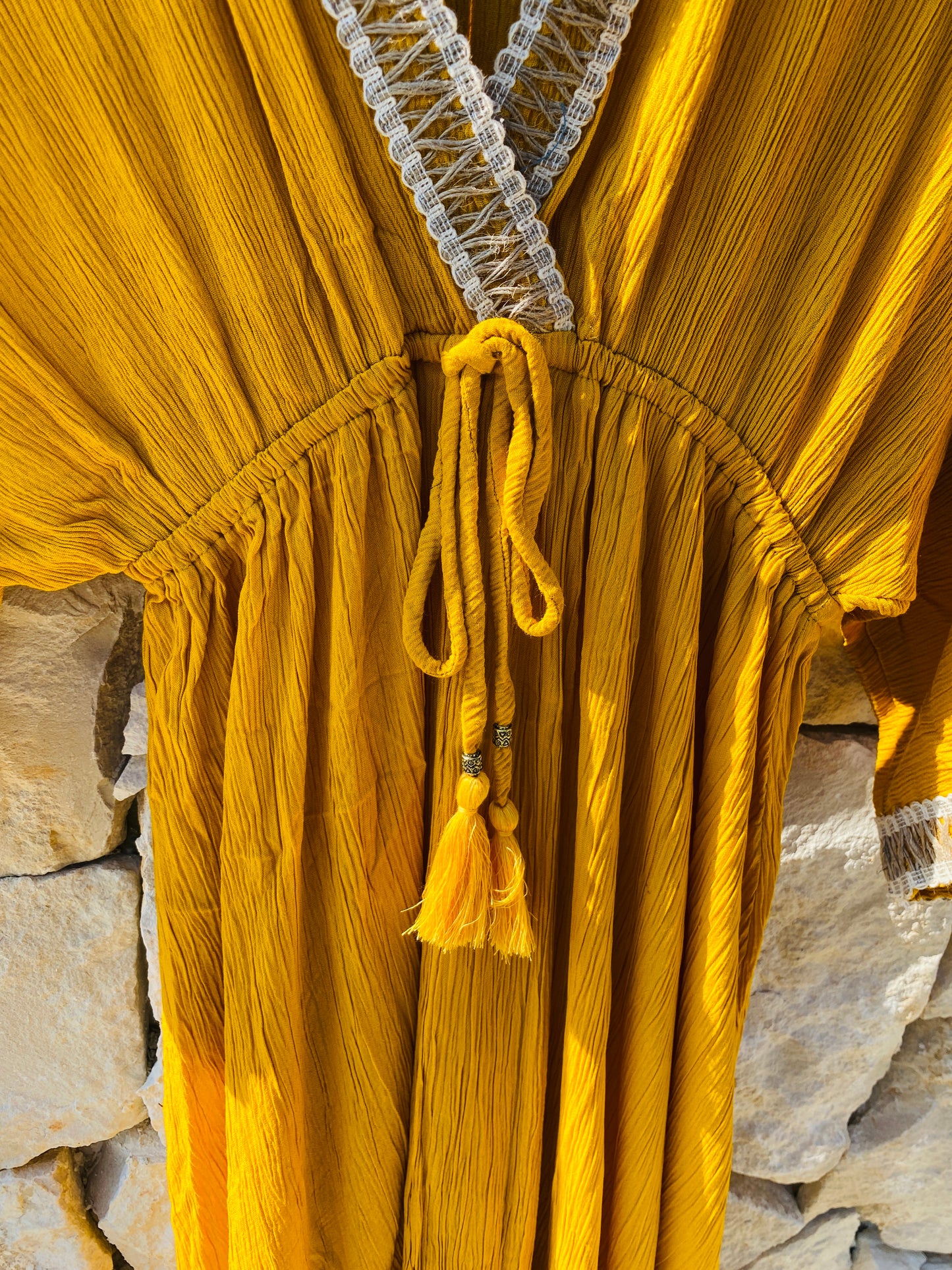 Straight from Ibiza - Stijlvolle Lange Jurk in Okergeel - S/M