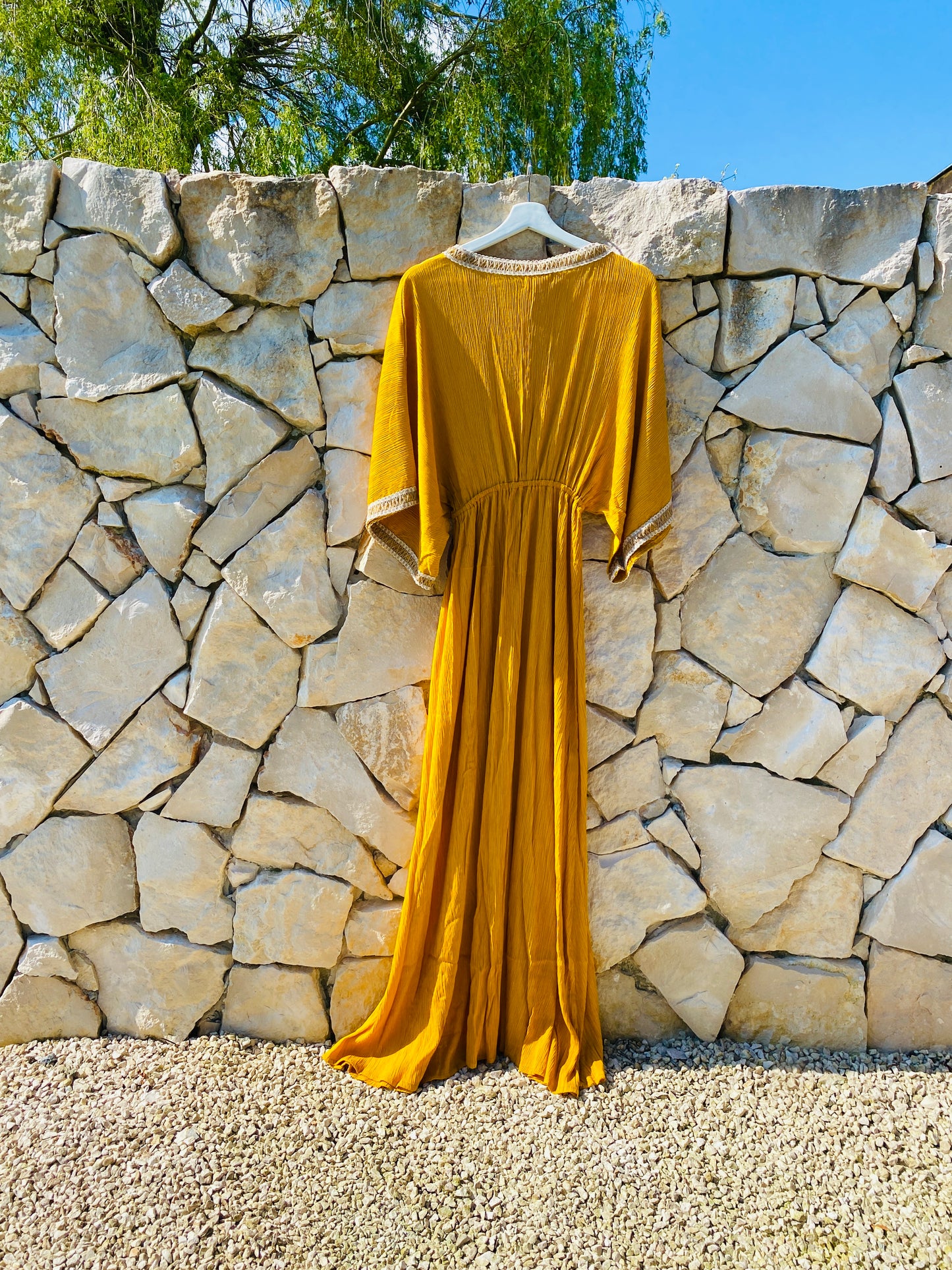 Straight from Ibiza - Stijlvolle Lange Jurk in Okergeel - S/M