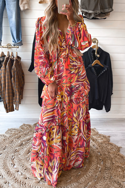 Meerkleurige Maxi Jurk Met Pofmouwen