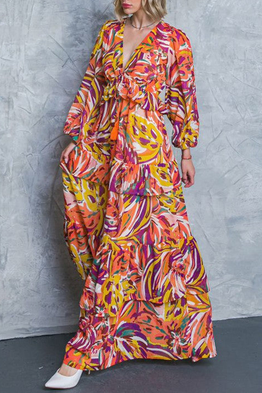 Meerkleurige Maxi Jurk Met Pofmouwen