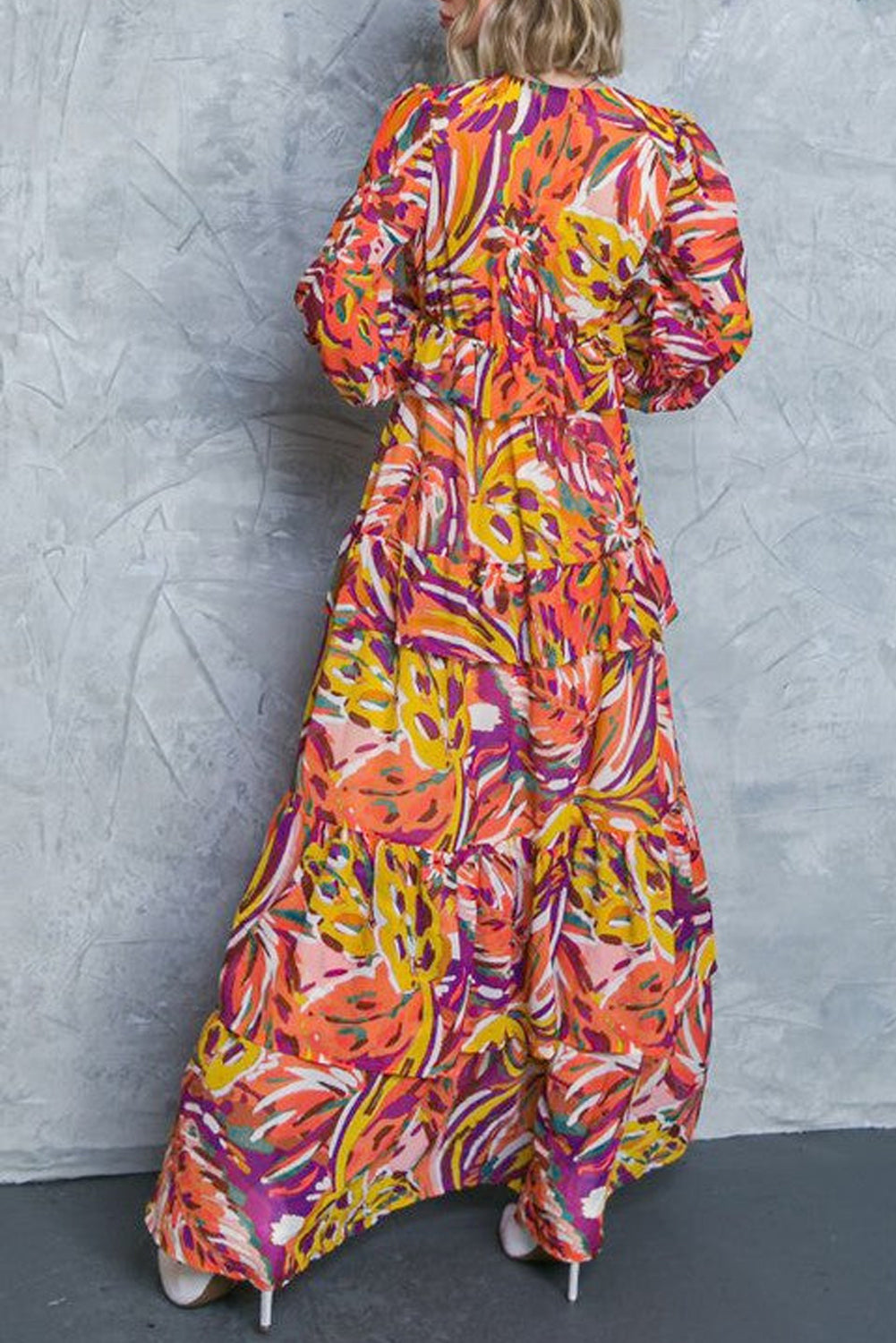 Meerkleurige Maxi Jurk Met Pofmouwen